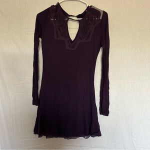 Purple Long Sleeve Mini Dress with Embroidered Sheer Neckline Detail‎ Silk Blend